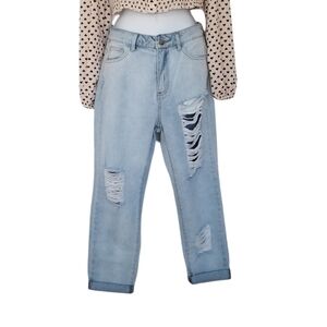 Forever 21 Destroyed Distressed High Rise Boyfriend Jeans Light Wash Size Small.